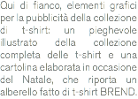 Qui di fianco, elementi grafici per la pubblicità della collezione di t-shirt: un pieghevole illustrato della collezione completa delle t-shirt e una cartolina elaborata in occasione del Natale, che riporta un alberello fatto di t-shirt BREND.