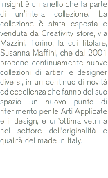 Insight è un anello che fa parte di un'intera collezione. La collezione è stata esposta e venduta da Creativity store, via Mazzini, Torino, la cui titolare, Susanna Maffini, che dal 2001 propone continuamente nuove collezioni di artieri e designer diversi, in un continuo di novità ed eccellenza che fanno del suo spazio un nuovo punto di riferimento per le Arti Applicate e il design, e un’ottima vetrina nel settore dell’originalità e qualità del made in Italy. 